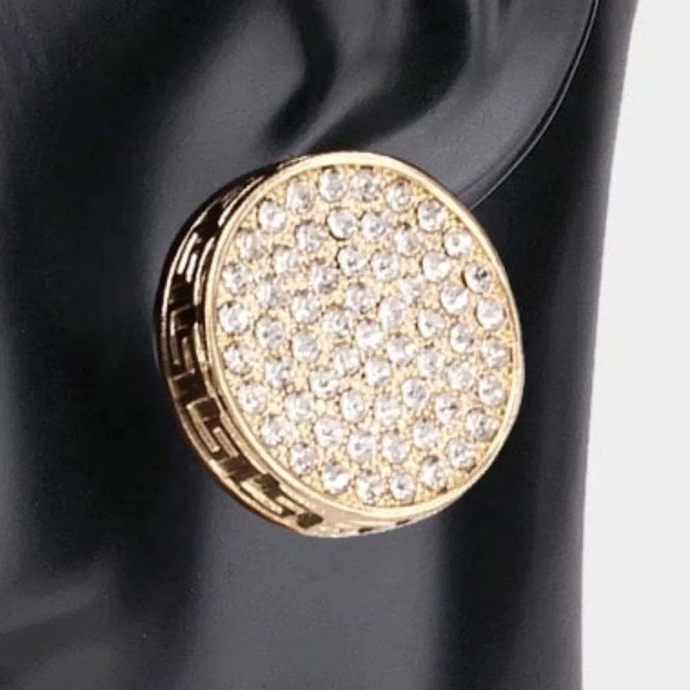 Gold Greek Key Patterned Rhinestone Crystal Round Stud Earrings - Picture 2 of 2